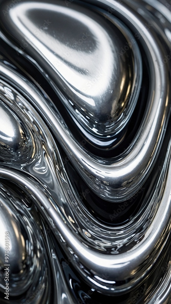 Liquid metal chrome silver steel abstract dark background. Techno header stories flowing design concept. Ripple and swirl on wavy metallic surface.	