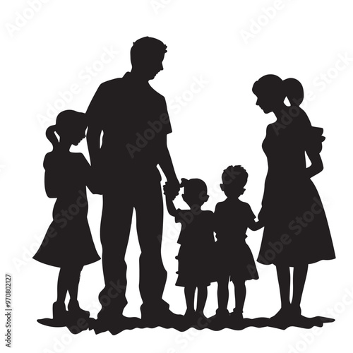 Vector illustration: black silhouettes of people man and woman with children. Happy family.