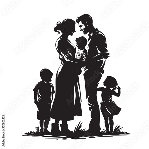 Vector illustration: black silhouettes of people man and woman with children. Happy family.