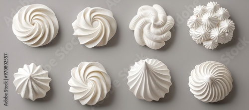 Three dimensional realistic whipped cream border. Waffle swirl, white vanilla milk foam for cake edge, sweet creamy twirls for pastry decoration isolated illustrations.