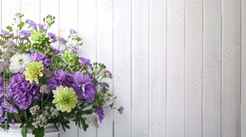 Purple and green flowers bouquet is in front of a white wooden wall with copy space