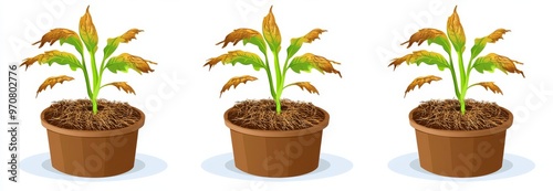 Plant withering process, the growth, withering, and wilting of a flower plant in a pot. Isolated modern flowerpots with cartoon dying blossoms that have green or brown dry leaves.