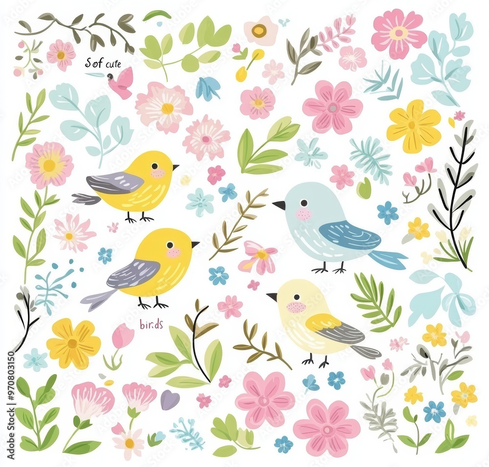 Cute cartoon funny birds with flowers and leaves in a spring, summer background. Cute cartoon funny birds with flowers and leaves in a spring, summer background.
