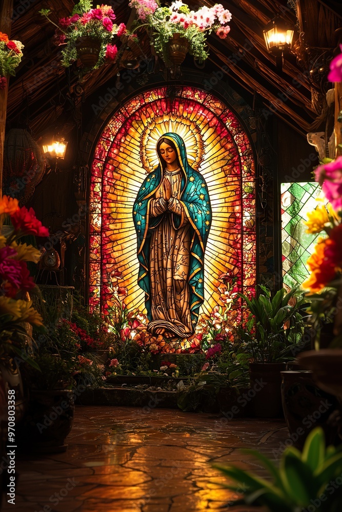 Obraz premium Stained glass window with image of the Virgin of Guadalupe .