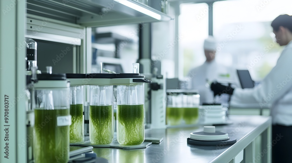 Eco-Friendly Technology and Sustainability Solutions Showcased in a Professional Scientific Laboratory Environment with Advanced Equipment and Machinery for Collaborative Research and Innovative