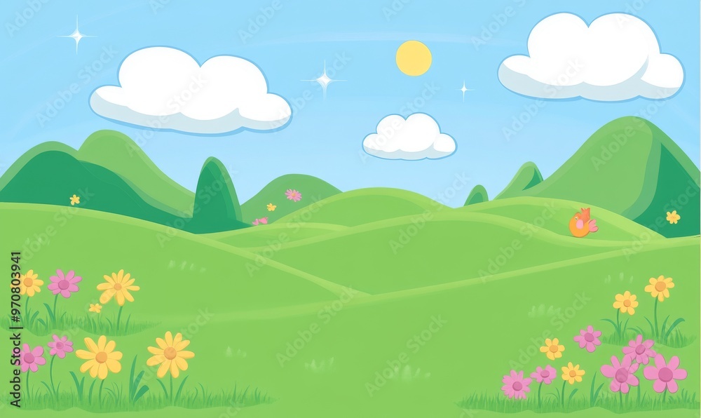 The background of the illustration is dominated by a green landscape with flowers in fields and a blue sky in the distance The background of the illustration is dominated by a green landscape with flowers in fields and a blue sky in the distance