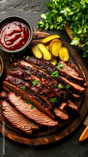 Sliced beef brisket served with barbecue sauce, pickles, and fresh herbs on a wooden platter against a dark stone background. photo