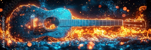 Burning Acoustic Guitar in Flames