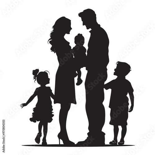 Vector illustration: black silhouettes of people man and woman with children. Happy family.