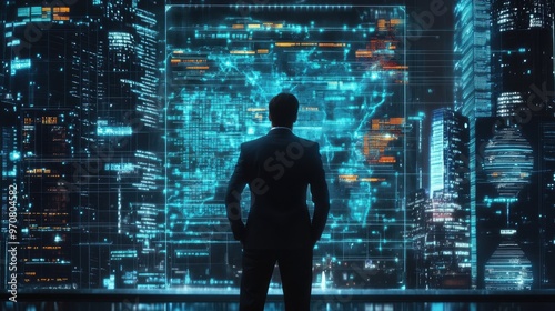 A businessman stands in front of a large digital screen displaying a map of the world with data and information, looking at the city skyline in the background.