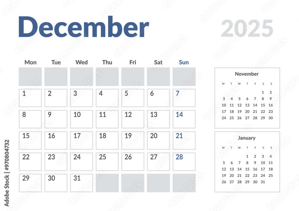 Monthly page Calendar Planner Template of December 2025. Vector layout of calendar with week start Monday for Scheduling. Page for size A4 or 21x29.7 cm Monthly page Calendar Planner Template of December 2025. Vector layout of calendar with week start Monday for Scheduling. Page for size A4 or 21x29.7 cm