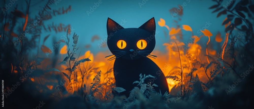 A black cat with glowing yellow eyes sits amidst glowing foliage at dusk. A black cat with glowing yellow eyes sits amidst glowing foliage at dusk.