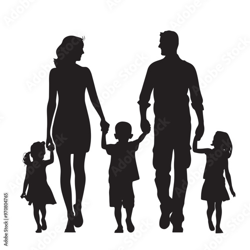 Vector illustration: black silhouettes of people man and woman with children. Happy family.
