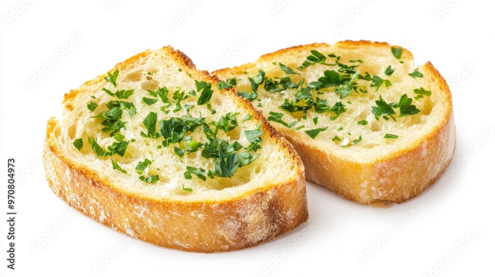 Two slices of garlic bread with fresh parsley isolated on white. Two slices of garlic bread with fresh parsley isolated on white.
