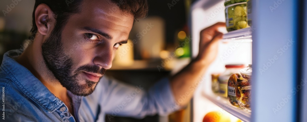 Focused young man organizing refrigerator shelves filled with fresh produce and groceries, enjoying a moment of concentration and mindfulness in his kitchen environment Focused young man organizing refrigerator shelves filled with fresh produce and groceries, enjoying a moment of concentration and mindfulness in his kitchen environment