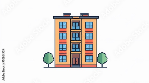 A Cartoon Illustration of a Yellow Multi-Story Apartment Building with Trees