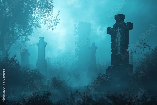 A misty graveyard with ancient tombstones shrouded in fog.