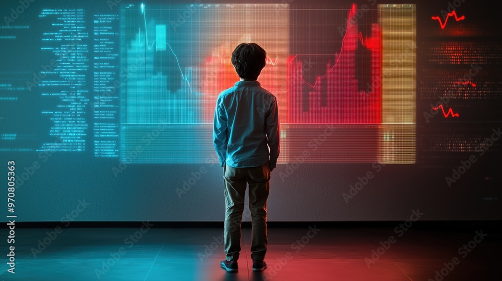 Futuristic Data Analysis: Man with Glowing Screen & Dynamic Graphs Futuristic Data Analysis: Man with Glowing Screen & Dynamic Graphs
