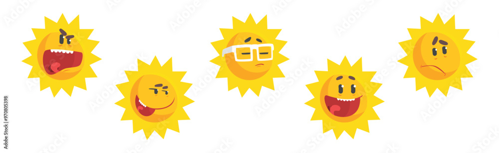 Fototapeta premium Funny Sun Character with Rays and Face Emotion Vector Set