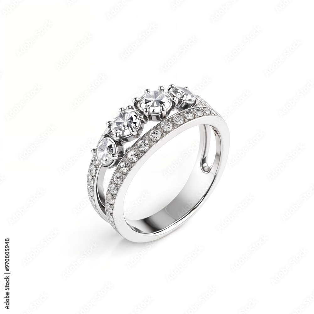 Silver ring with diamonds on white background. Wedding ring . Jewelry Silver ring with diamonds on white background. Wedding ring . Jewelry