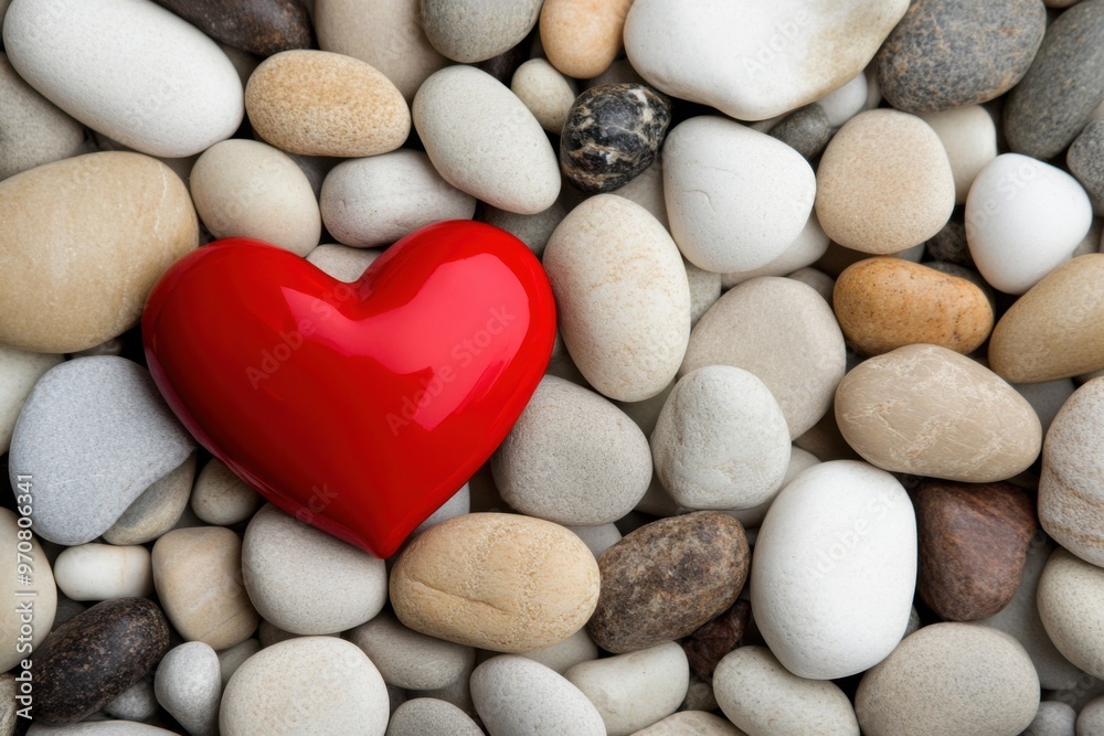 A vibrant red heart stone placed among smooth, neutral-colored pebbles, symbolizing love and tranquility in nature. A vibrant red heart stone placed among smooth, neutral-colored pebbles, symbolizing love and tranquility in nature.