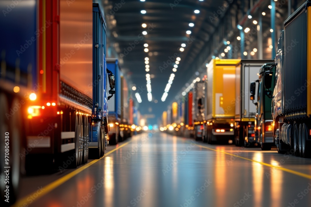 A vibrant warehouse scene showcasing lined-up trucks illuminated by bright lights, perfect for logistics and transportation themes. A vibrant warehouse scene showcasing lined-up trucks illuminated by bright lights, perfect for logistics and transportation themes.