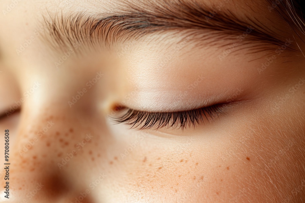 Fototapeta premium Close-up of a child's closed eye capturing delicate features, smooth skin, and soft eyelashes. A moment of calm and tranquility.