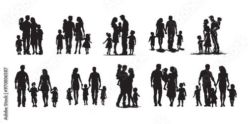 Vector set illustration: black silhouettes of people man and woman with children. Happy family.