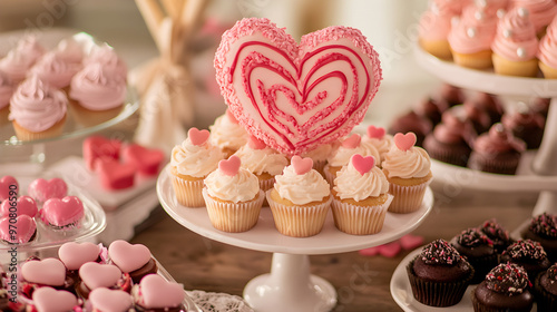 A heart-themed dessert table showcases a variety of cupcakes topped with creamy frosting and charming heart decorations inviting sweet indulgence photo