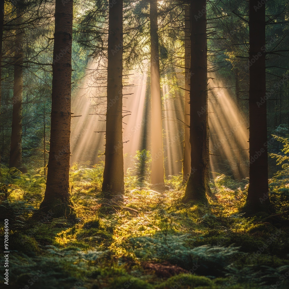 Naklejka premium Enchanted Forest with Sunlight Filtering Through Tall Trees - Magical and Mystical Landscape with Space for Text Among Branches