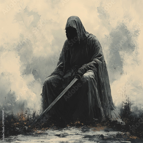 Mysterious hooded figure with a sword sitting in a desolate, foggy landscape. The character is shrouded in shadows, exuding a dark, ominous presence, conveying solitude and power. photo