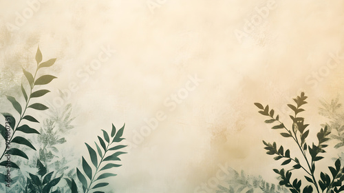 Beige and earthy-toned backdrop decorated with delicate green leaves creates a soft and calming atmosphere for artistic compositions and designs