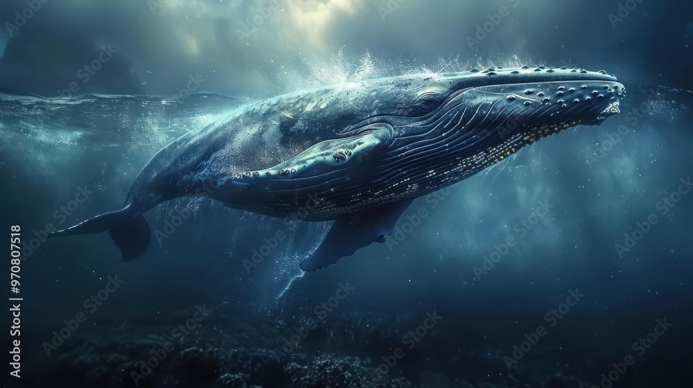 Naklejka premium depicts a majestic blue whale gracefully swimming through the deep ocean,