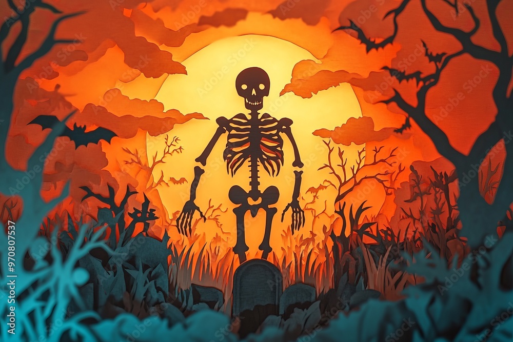 A spooky paper-cut scene featuring a skeleton against a glowing orange moon. A spooky paper-cut scene featuring a skeleton against a glowing orange moon.