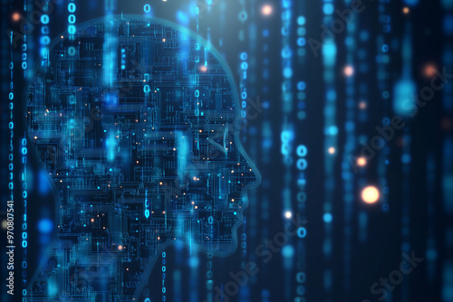 Abstract Profile of a Human Head Made from Digital Circuit Board, Binary Code, and Data Flow Against a Teal Background with AI Robot Face Silhouette