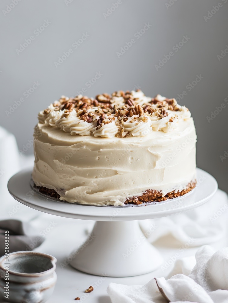 A beautifully decorated cake topped with nuts on a white pedestal. A beautifully decorated cake topped with nuts on a white pedestal.