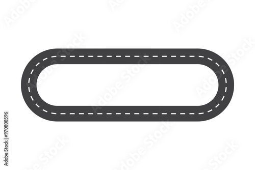 Simple vector race track illustration. Oval-shaped road with dashed lane markings. Dark grey asphalt on a white background.