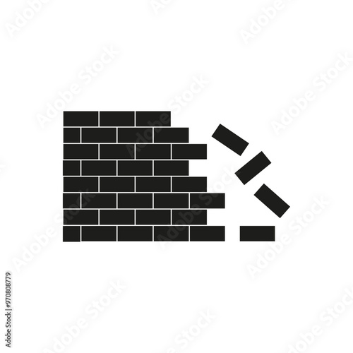 Broken brick wall. Falling bricks illustration. Destruction symbol. Crumbling wall icon.