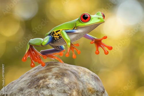 A cartoon illustration of a frog on a colorful background.