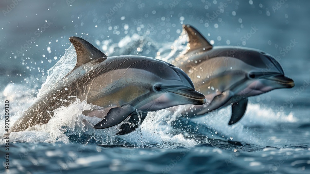 Obraz premium A pair of playful dolphins frolicking together, creating a splash as they leap out of the water.