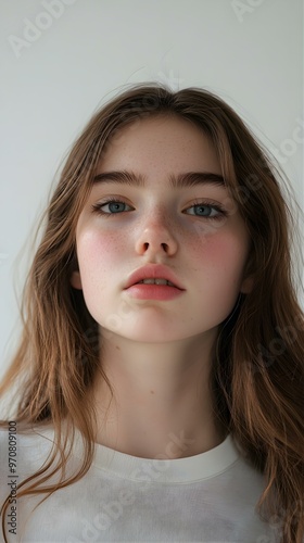 Beautiful Young Woman With Freckles Looking at Camera Portrait.