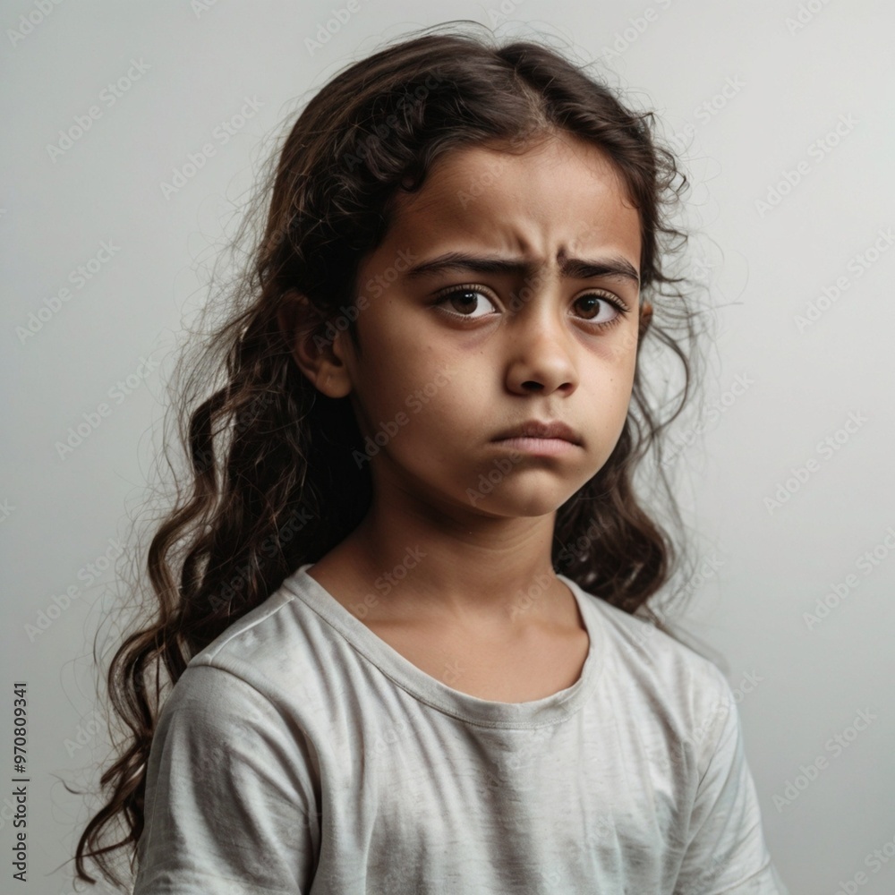 Sad young girl with long curly hair, expressing confusion and concern. Emotional portrait of a child with a worried expression. Isolated studio background Sad young girl with long curly hair, expressing confusion and concern. Emotional portrait of a child with a worried expression. Isolated studio background