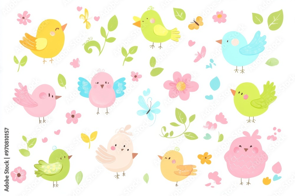 Fototapeta premium Arrangement of summer birds, butterflies, flowers, leaves, branches, berries, and moths