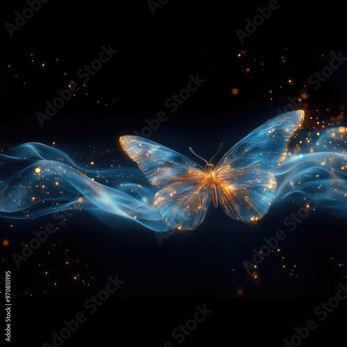 Mariposa ondas aleteando volar, imaginación, fantasía, arte musical, hilo, elegante, chic, delicado, suave, místico, relajación, espacio, spa, fondo o cubierta álbum, ritmo, noche, banda sonora