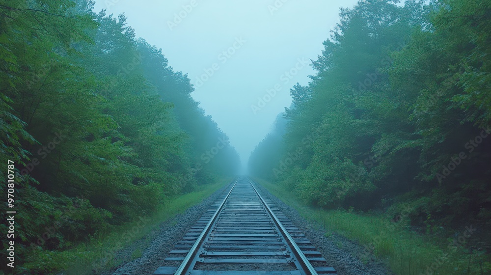 Fototapeta premium Mysterious Train Tracks Through Misty Forest