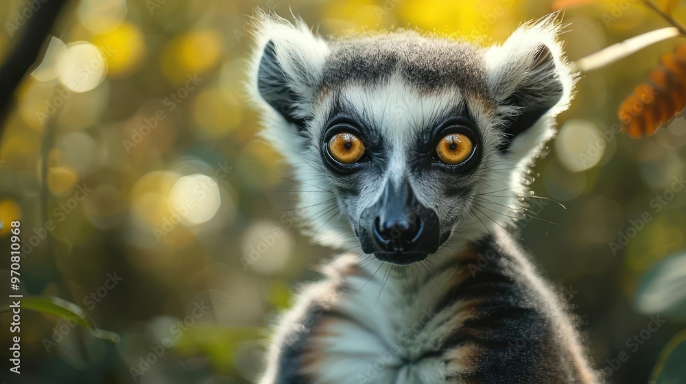 Fototapeta premium A close-up photo of an adorably curious lemur gazing at the camera with bright yellow eyes.