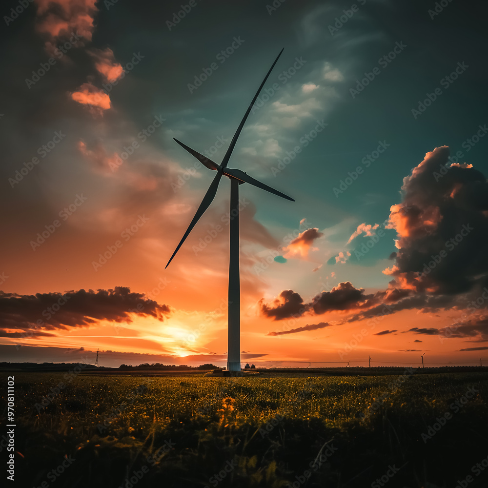 Obraz premium Wind turbine stands tall against a dramatic sunset sky, the scene evokes a sense of tranquility and renewable energy