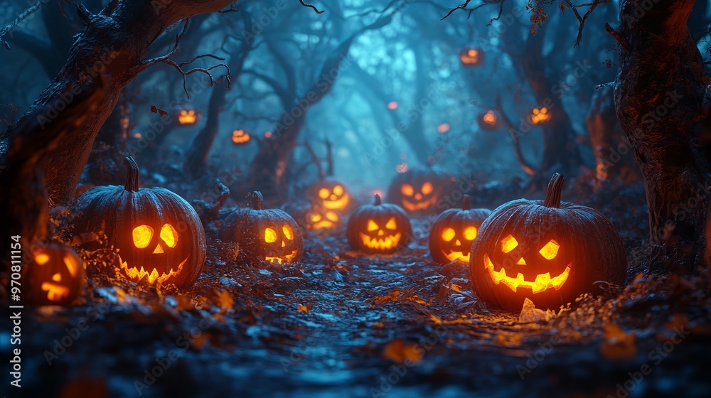 A spooky Halloween scene with glowing pumpkins in a foggy forest.