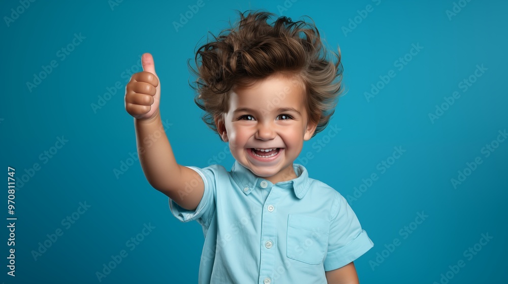a toddler giving a thumbs up on blue background. a toddler giving a thumbs up on blue background.