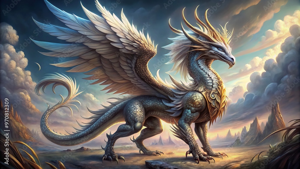 A mythical creature unfurls from the canvas, its body a mosaic of shimmering scales, claws that curve like A mythical creature unfurls from the canvas, its body a mosaic of shimmering scales, claws that curve like